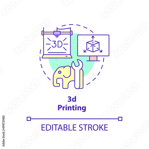 Three dimensional printing concept icon. Additive manufacturing. Business subsector abstract idea thin line illustration. Isolated outline drawing. Editable stroke. Arial, Myriad Pro-Bold fonts used