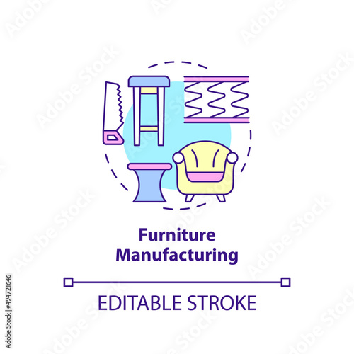 Furniture manufacturing concept icon. Woodworking industry. Business subsector abstract idea thin line illustration. Isolated outline drawing. Editable stroke. Arial, Myriad Pro-Bold fonts used
