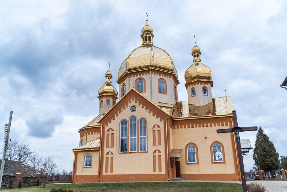 Christian Orthodox church with golden domes in Ukraine. Example of Christian Orthodox religious architecture