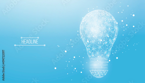 Wireframe polygonal lightbulb. Internet technology network, business idea concept with glowing low poly bulb. Futuristic modern abstract. Isolated on blue background. Vector illustration