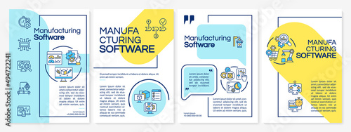 Manufacturing software blue, yellow brochure template. Automated system. Leaflet design with linear icons. 4 vector layouts for presentation, annual reports. Questrial, Lato-Regular fonts used