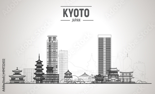 Kyoto ( Japan ) line skyline with panorama in white background. Vector Illustration. Business travel and tourism concept with modern buildings.