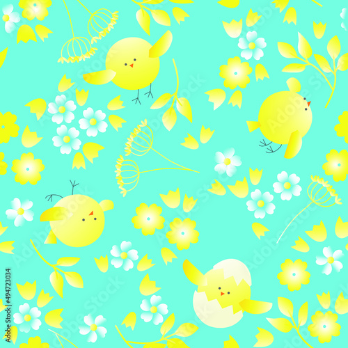 Vector illustration, seamless pattern with chicks and flowers, in yellow blue colors on a blue background