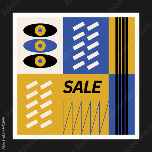 Abstract art social media for an art exhibition. Vector template with primitive shapes elements, modern hipster style. Instagram post template