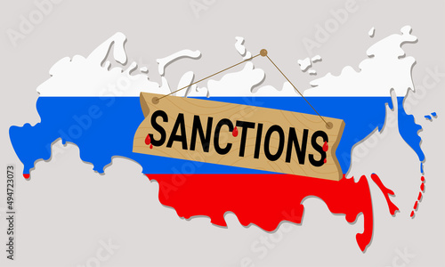 Russia map in colors of national flag. Wooden signboard and word - Sanctions with blood drops. Vector illustration. For design and decoration of themes to war in Ukraine