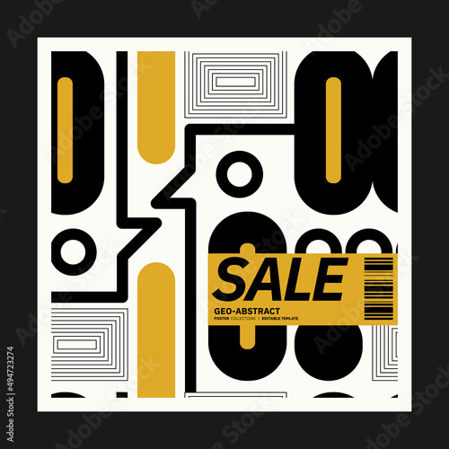Abstract art social media for an art exhibition. Vector template with primitive shapes elements, modern hipster style. Instagram post template