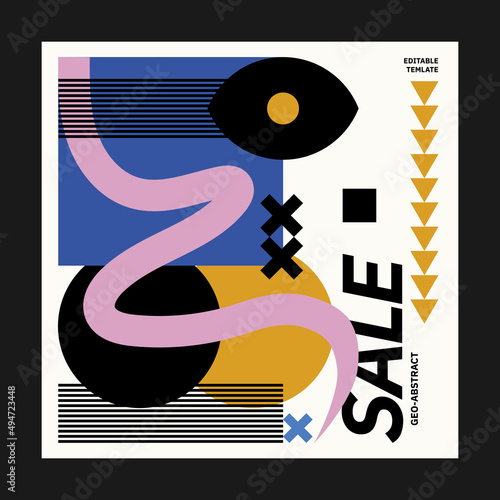 Abstract art social media for an art exhibition. Vector template with primitive shapes elements, modern hipster style. Instagram post template