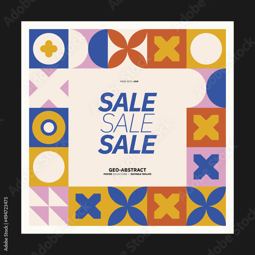 Abstract art social media for an art exhibition. Vector template with primitive shapes elements, modern hipster style. Instagram post template