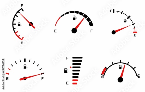 Fuel indicator for gas, petrol, gasoline, diesel level count. Set of fuel gauge scales icons. Car gauge for measuring fuel consumption and control gas tank fullness. Performance measurement. Vector