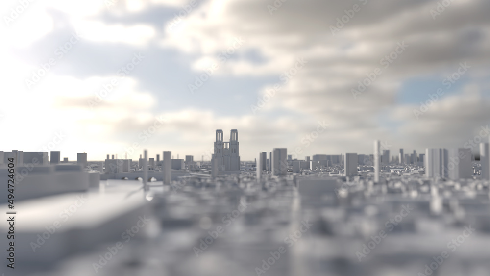 Paris as a white 3D model. City silhouette with Notre-Dame against the light and a few clouds.