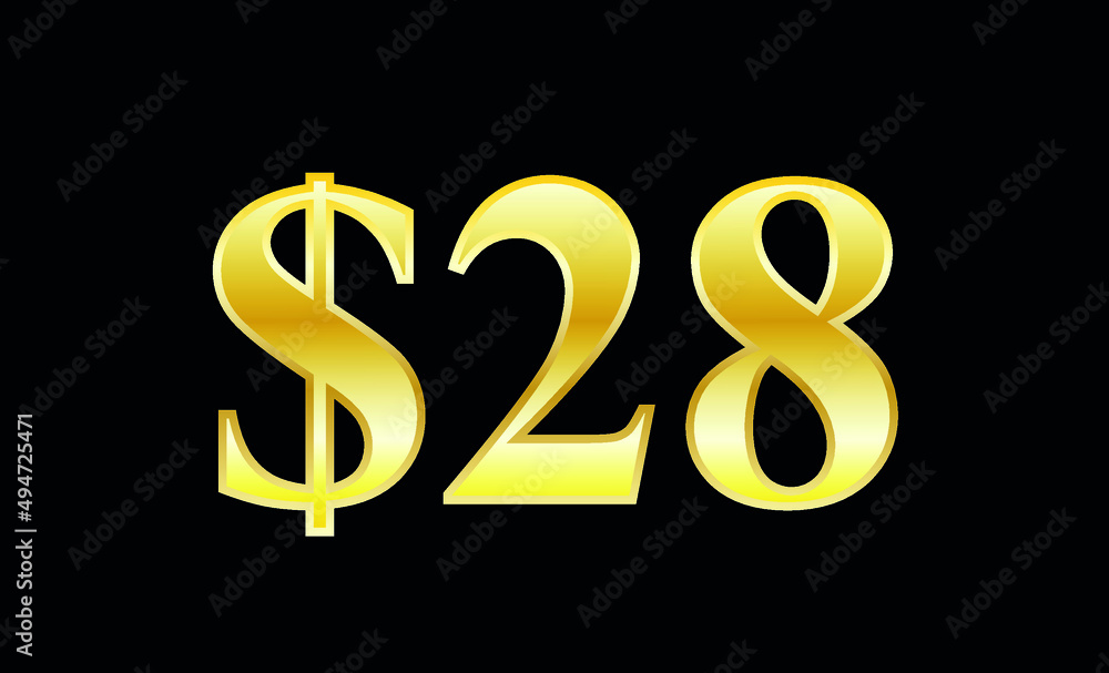 $28 gold dollar. Symbol price and promotional offer. product price tag $28 gold dollar. Symbol price and promotional offer. product price tag