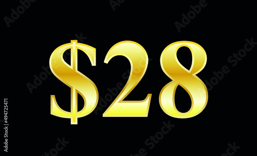 $28 gold dollar. Symbol price and promotional offer. product price tag