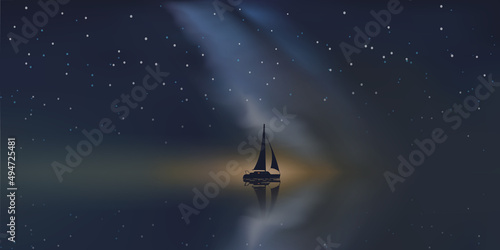 Horizontal vector background with sailing boat at night in the ocean and stars