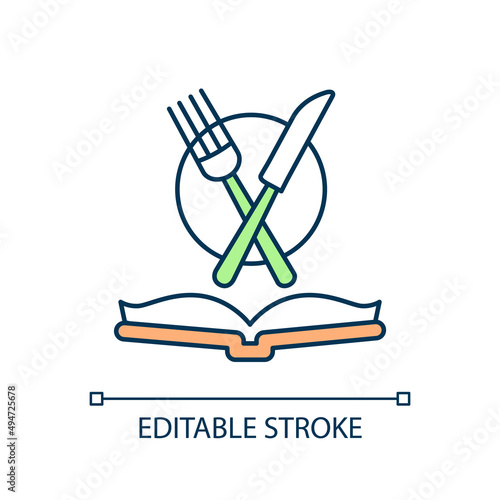 Recipe book RGB color icon. Cookery book. Delicious food preparation. Healthy and tasty meal. Isolated vector illustration. Simple filled line drawing. Editable stroke. Arial font used