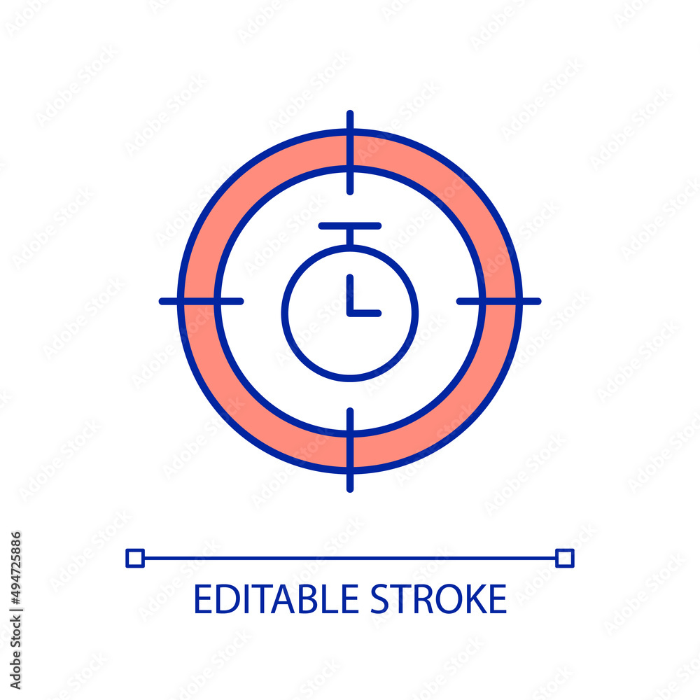 Time management RGB color icon. Aim and stopwatch. Control of time measuring. Target on productivity. Isolated vector illustration. Simple filled line drawing. Editable stroke. Arial font used Time management RGB color icon. Aim and stopwatch. Control of time measuring. Target on productivity. Isolated vector illustration. Simple filled line drawing. Editable stroke. Arial font used