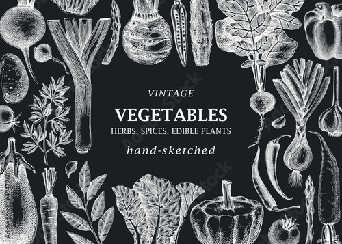Hand-sketched Vegetable frame on chalkboard. Hand-drawn tomatoes, squashes, peppers, potatoes, asparagus and other vegetables drawings. Healthy food background for menu, recipe, restaurant, packaging