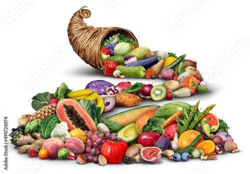 Cornucopia horn object full of fresh fruit and vegetables on a white background as a rustic traditional wicker or weaved basket with healthy nutritious agricultural produce.