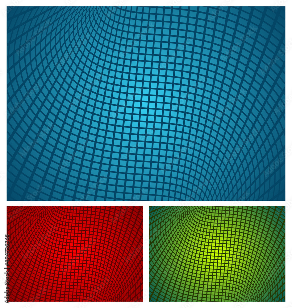 Fototapeta premium Set of vector illustrations of vivid abstract backgrounds with deformed square cells forming curvy geometric ornaments of various bright colors