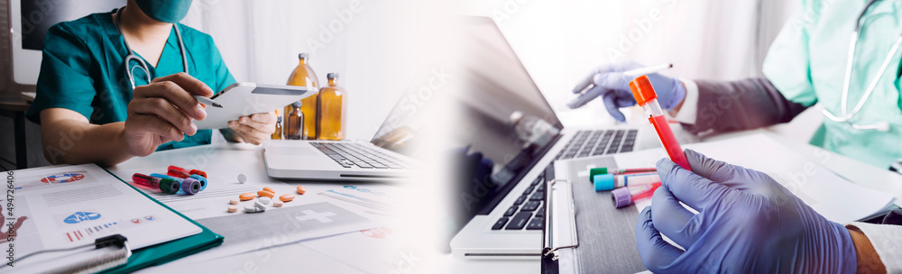 Double exposure of technology healthcare And Medicine concept. Doctors teamwork with modern virtual screen interface icons panoramic banner, blurred background. Double exposure of technology healthcare And Medicine concept. Doctors teamwork with modern virtual screen interface icons panoramic banner, blurred background.