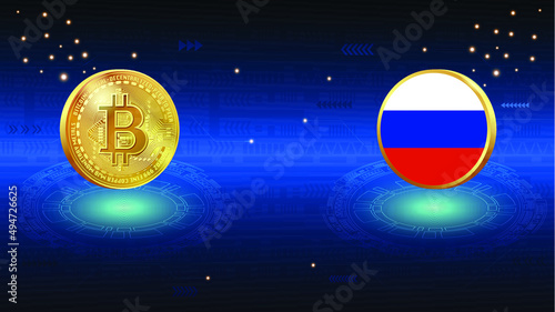 Shiny gold Bitcoin crypto currency coin and Russian flag on abstract digital background. Russia legalize Bitcoin and cryptocurrencies.