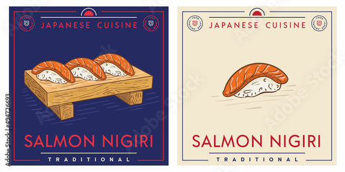 Salmon nigiri - Japanese food served on wooden plate