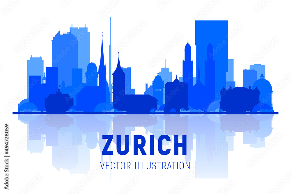 Obraz premium Zurich Switzerland skyline city silhoutte at white background. Vector Illustration. Business travel and tourism concept with modern and old buildings. Vector for presentation, banner, web site.