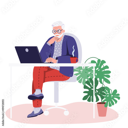 Senior gray-haired man sitting with a laptop at the table. The concept of using modern technologies by the elderly, pensioners. Remote work from home, retraining, e-learning. vector illustration