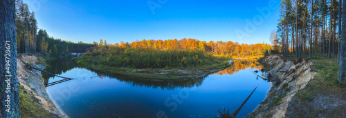 Fototapeta Naklejka Na Ścianę i Meble -  background photo panoramic view of the Bolshaya Kokshaga river with pine trees on the banks, in good weather, Mari El, Volga region, Russia