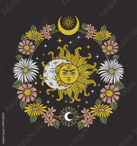 sun with flowers and moon, magical vector illustration, Occult print for t-shirt