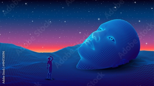 Dramatic sci-fi or esoteric scene with a human looking up near the giant statue head. Synthwave or vaporwave spiritual concept in 80s style