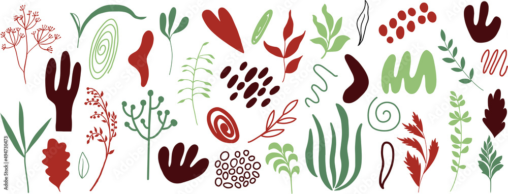 Organic shapes, plants, spots, lines, dots. Vector set of minimal trendy abstract hand drawn isolated elements for graphic design	