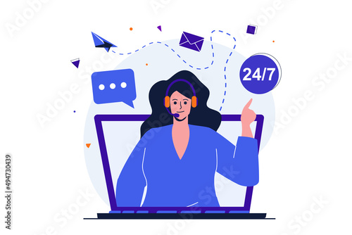 Virtual assistant modern flat concept for web banner design. Woman in headset answers emails and helps solve problems around clock. Client support. Illustration with isolated people scene photo