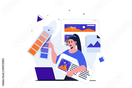 Web designer modern flat concept for web banner design. Woman draws graphic element, selects colors on palette, creates and optimizes layout of site. Illustration with isolated people scene