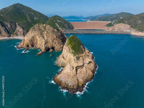 Aerial drone over mountain landscape in Hong Kong Geographical Park in Sai Kung photo