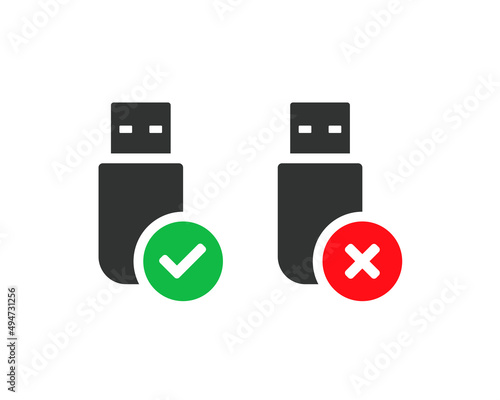 Usb drive with check mark. Flash disk with cross sign. Vector illustration