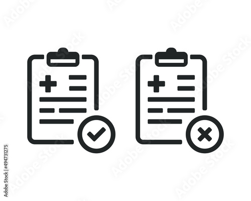 Medical document with check mark and cross sign. Medical record. Vector illustration