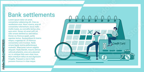 Bank settlements.People make bank payments and calculate interest rates.An illustration in the style of a green landing page.