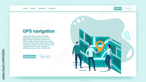 GPS navigation.People study electronic maps and determine their location.An illustration in the style of a green landing page.