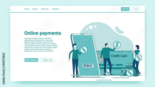 Online payments.Payment and purchase using an application installed on a smartphone.An illustration in the style of a green landing page.