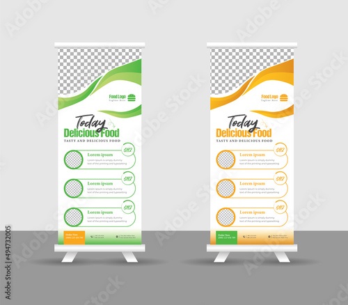 Modern food rollup banner design for restaurant. Vertical, roll-up template, food roll up banner design template, Editable template illustration