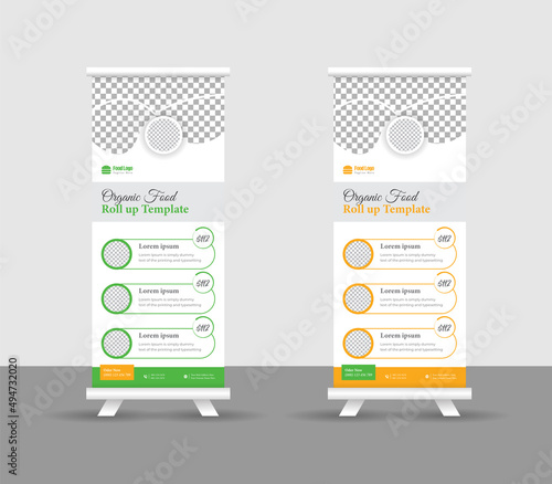 Modern food rollup banner design for restaurant. Vertical, roll-up template, food roll up banner design template, Editable template illustration