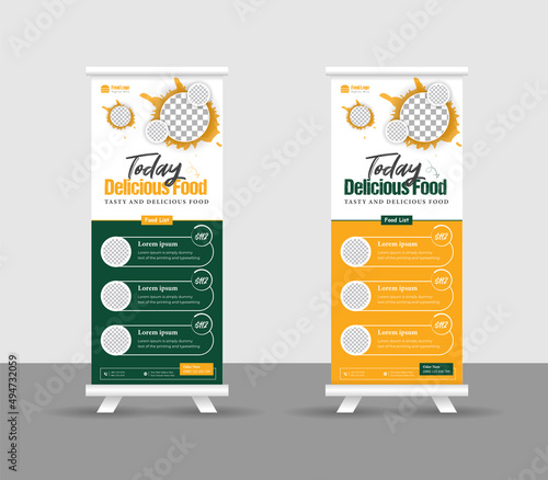 Modern food rollup banner design for restaurant. Vertical, roll-up template, food roll up banner design template, Editable template illustration