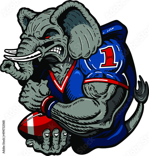 Photography angry elephant mascot holding football for school, college or league