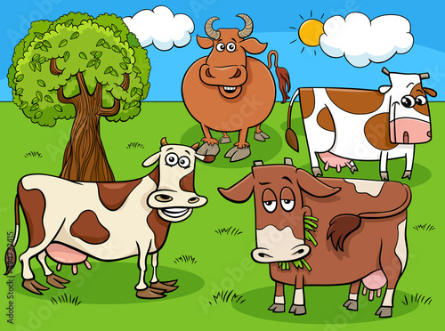 cartoon cows farm animals group in the meadow