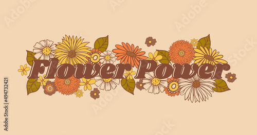 inscription: flower power with flowers in retro hippie style