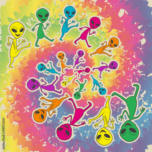 psychedelic print with aliens, tie-dye vector art
