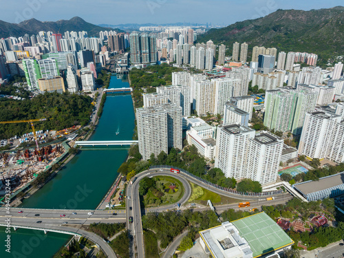 Aerial view of Hong Kong residential district in new territories west photo