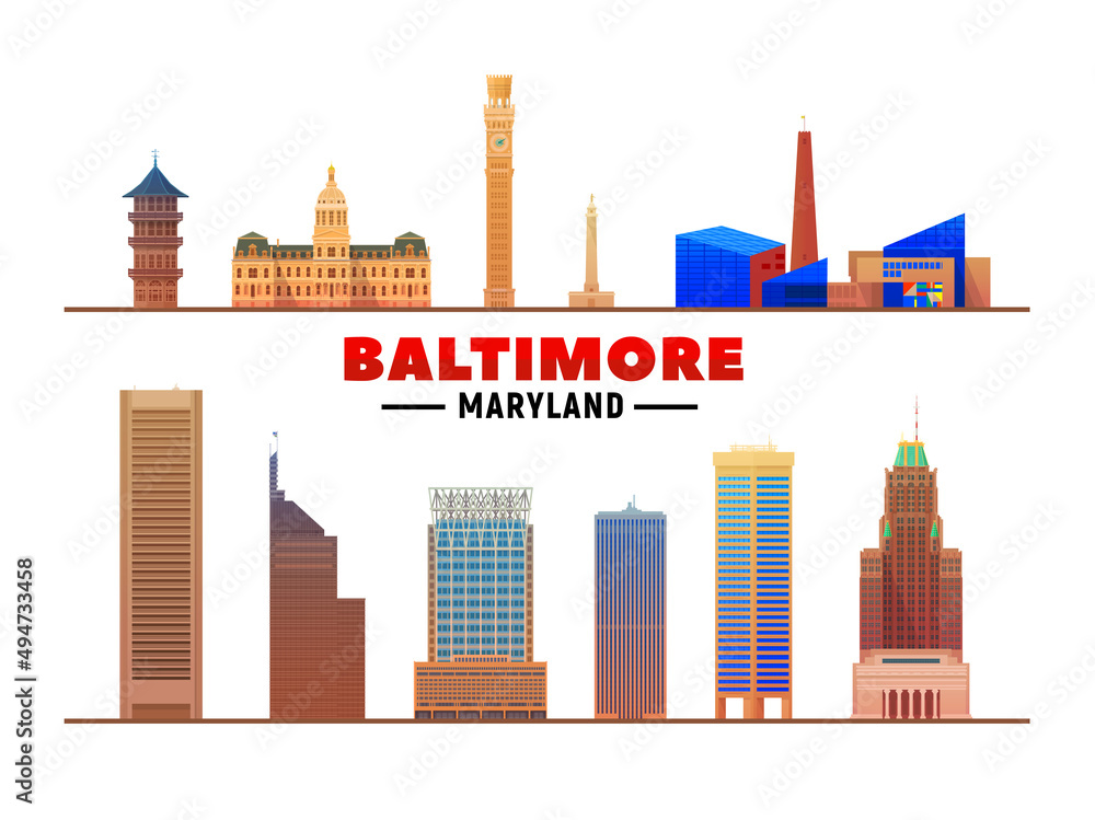 Baltimore Maryland USA landmarks at white background. Vector ...