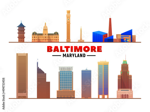Baltimore Maryland USA landmarks at white background. Vector Illustration. Business travel and tourism concept with modern buildings. Image for banner or web site.