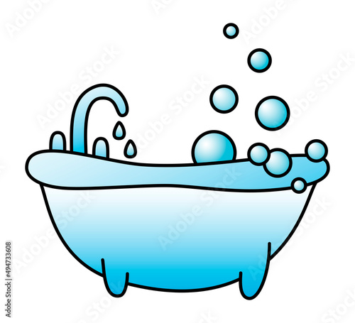 Color vector illustration of a blue bathtub with soap bubbles in cartoon style